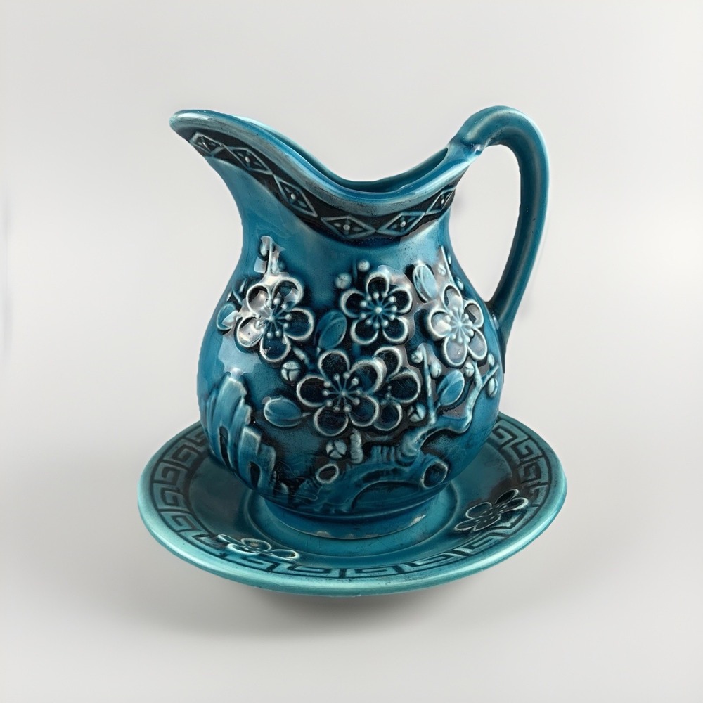 Vintage Teal Pitcher With Saucer Ceramic King Made In Japan Floral Turquoise MCM